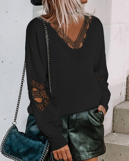 Hollowed Lace V-Neck Sweater