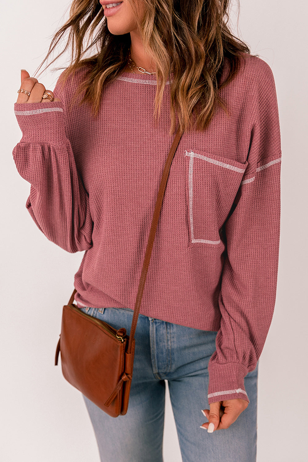 Waffle Contrast Stitching Pocketed Pullover