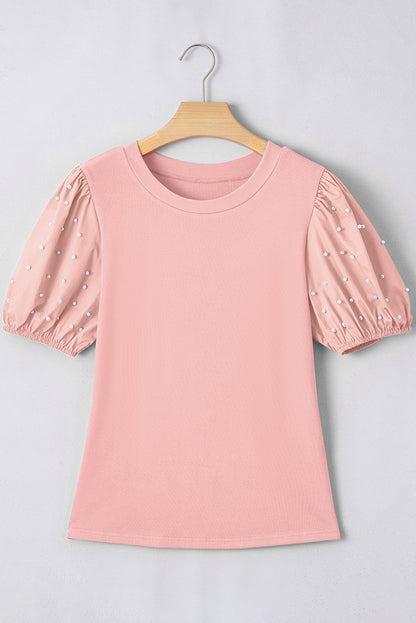 Pearl Beaded Puff Sleeve Ribbed Knit Top
