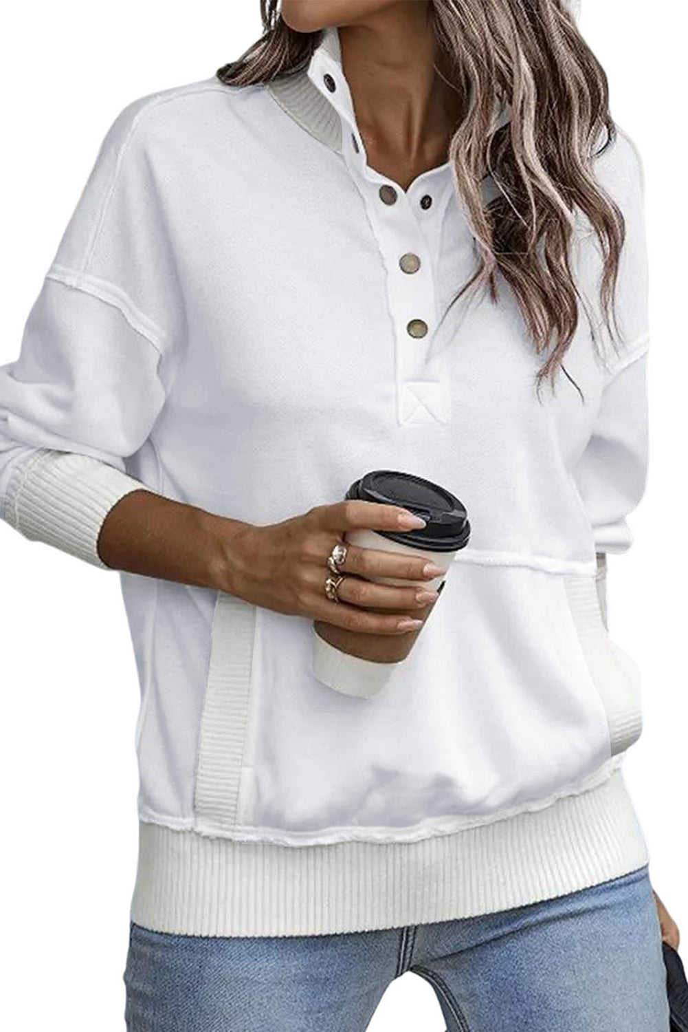 Ribbed Hem Kangaroo Pocket Sweatshirt