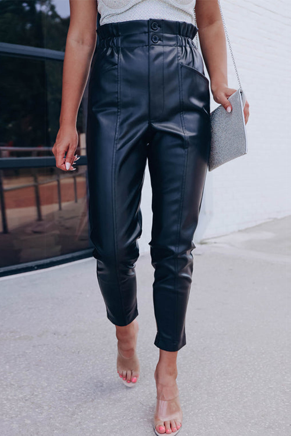 Leather Smocked Waist Skinny Pants