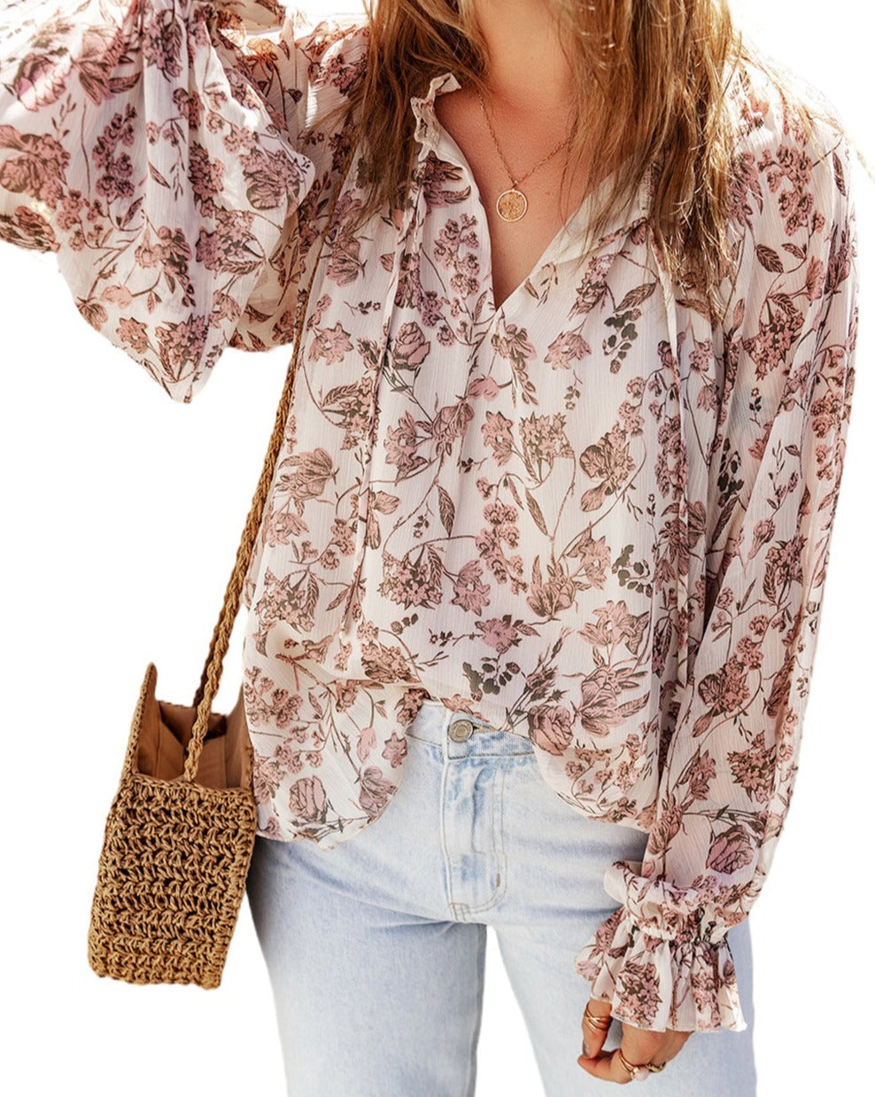 Boho Floral Bubble Sleeve Blouse