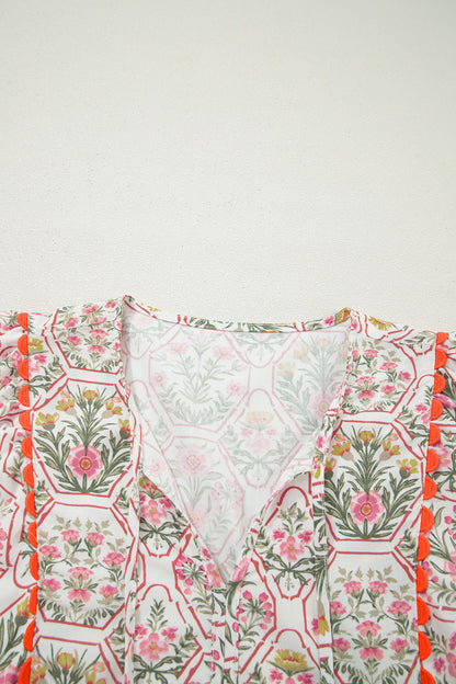 Floral Tassel Tie V-Neck Scalloped Trim Mini Dress