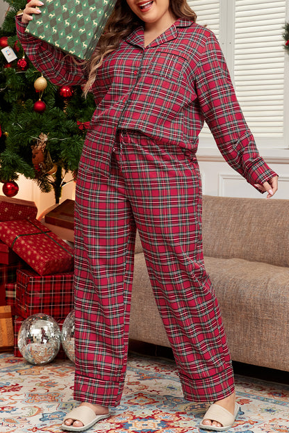 Plaid Shirt and Pants Lounge Set Plus Size