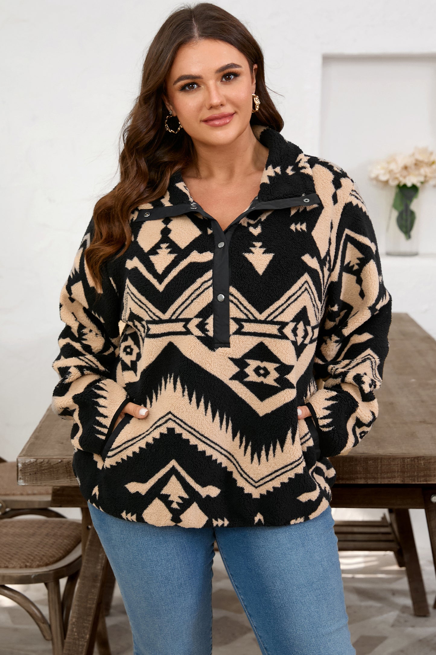 Plus Size Western Aztec Fleece Half Button Sweatshirt