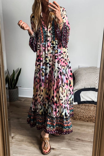 Leopard 3/4 Sleeve Tiered Maxi Dress