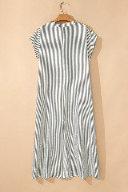 Stripe Frilled Half Buttoned Maxi Dress