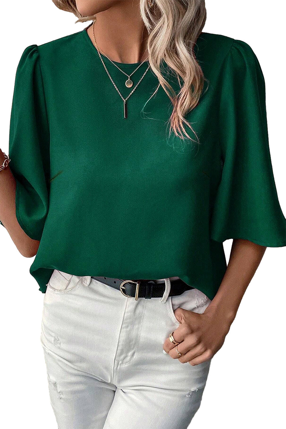 Solid Satin Wide Sleeve Blouse