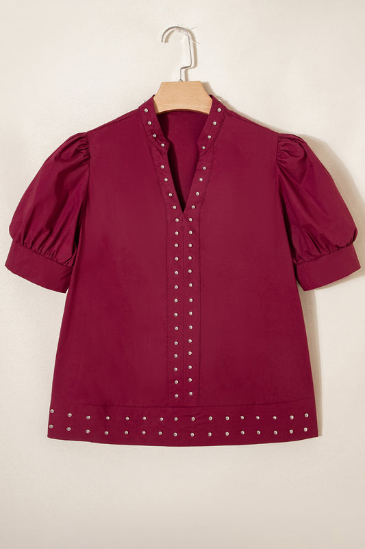 Rivet Embellished V-Neck Short Puff Sleeve Blouse