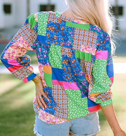 NEW! Multicolor Patchwork Buttoned Blouse