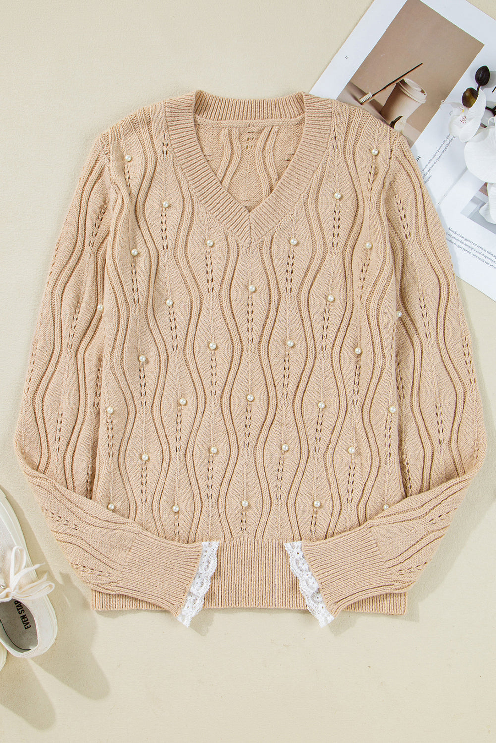 Pearl Beaded Pointelle Knit V-Neck Lace Trim Sweater