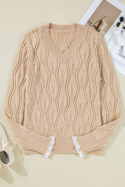 Pearl Beaded Pointelle Knit V-Neck Lace Trim Sweater
