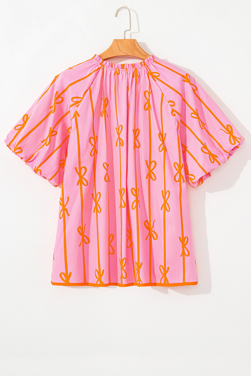 Plus Size Bow Tie V-Neck Puff Sleeve Blouse