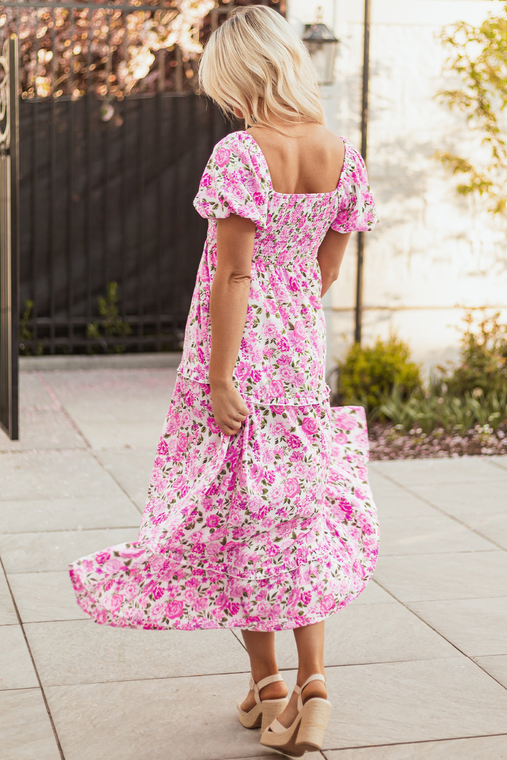 Dainty Floral Smocked Puff Sleeve Flowy Maxi Dress