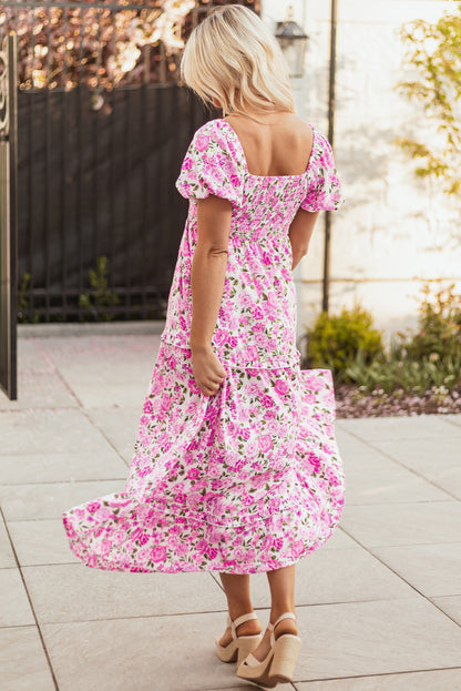 Dainty Floral Smocked Puff Sleeve Flowy Maxi Dress