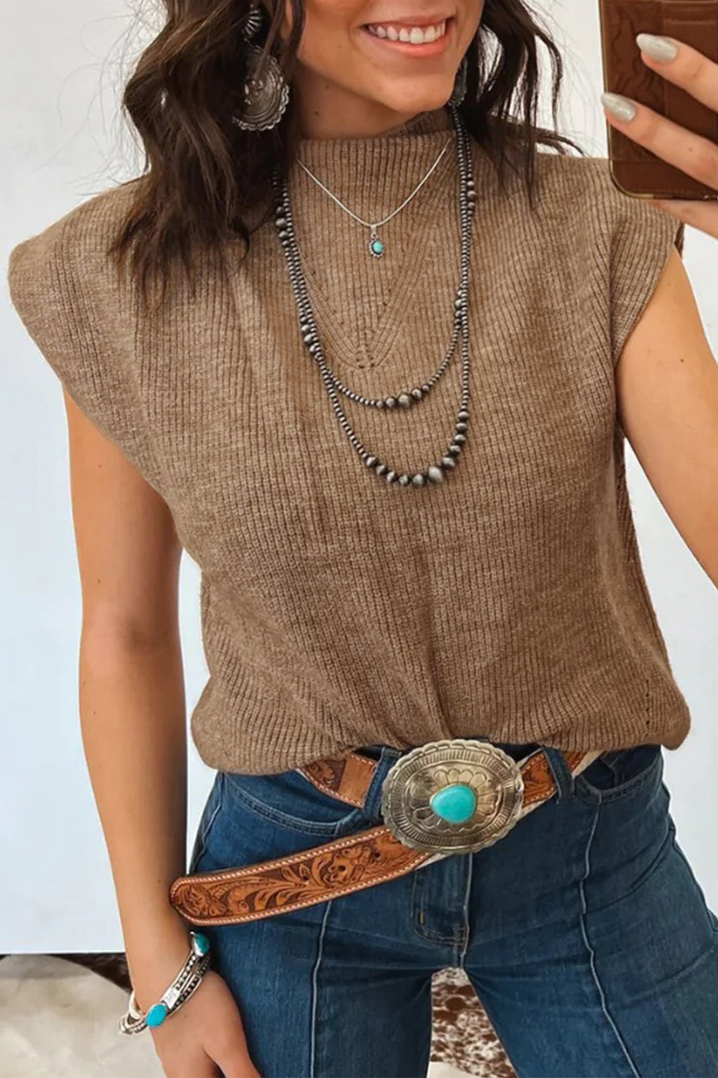 Solid Ribbed Knit Mock Neck Sleeveless Sweater