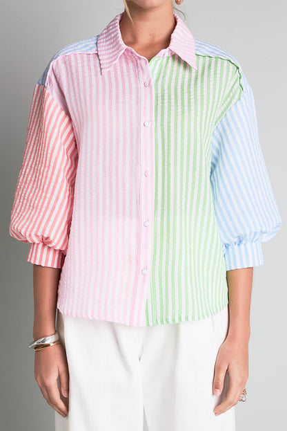 Stripe Colorblock Balloon Sleeve Shirt