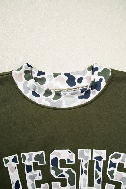 JESUS/MALLARD Letter Print Contrast Mock Neck Sweatshirt