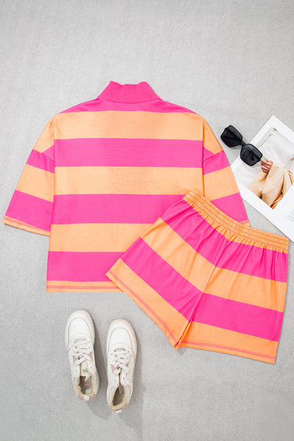 Stripe Half Zip Tee & Elastic Shorts Set