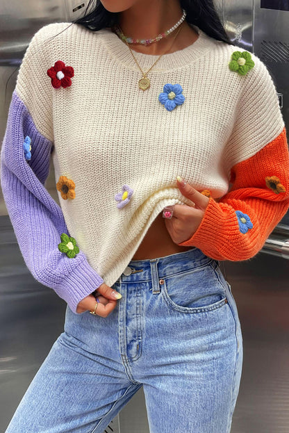 Floral Applique Colorblock Sweater