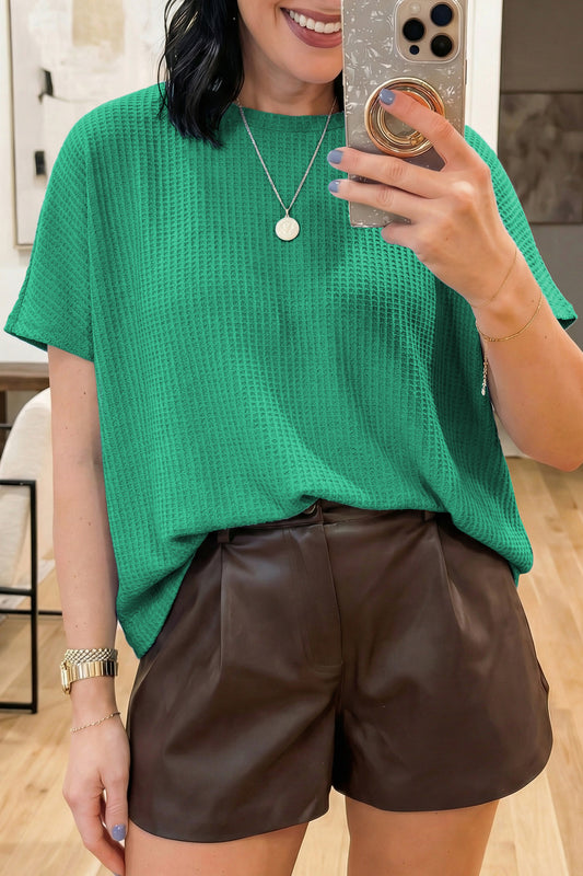 Solid Waffle Knit Dolman Short Sleeve Loose Top