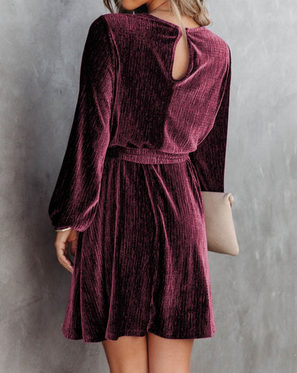 Crinkle Velvet Tie Belted Dress