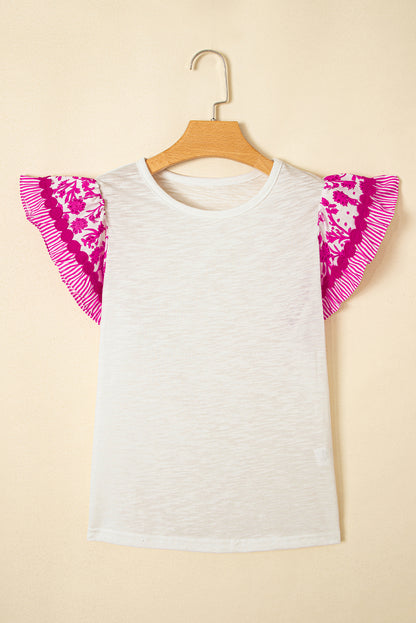 Floral Patchwork Flutter Sleeve Ricrac Trim Blouse