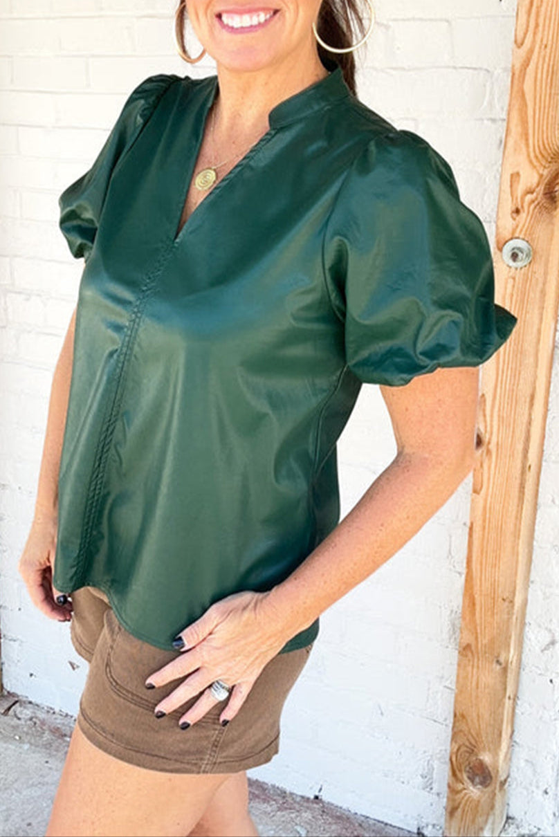 Leather V-Neck Puff Sleeve Blouse