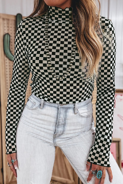 Checker Stand Neck Long Sleeve Mesh Top