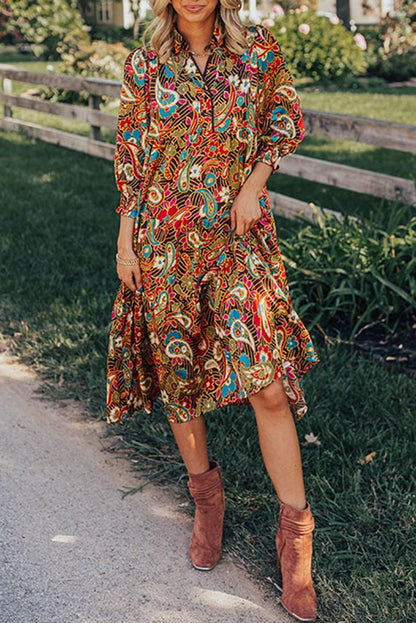 Paisley 3/4 Sleeve Collared Midi Dress