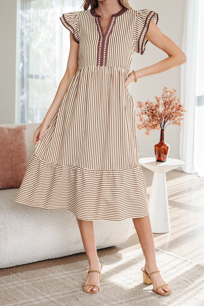 Stripe Ruffle Short Sleeve V-Neck Midi Dress