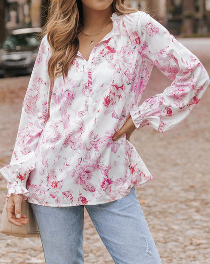 Floral Frilled Bubble Sleeve Blouse