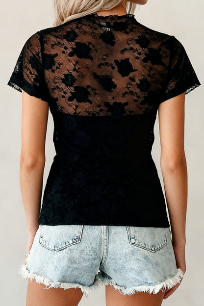 Floral Lace Sheer Mesh Short Sleeve Top