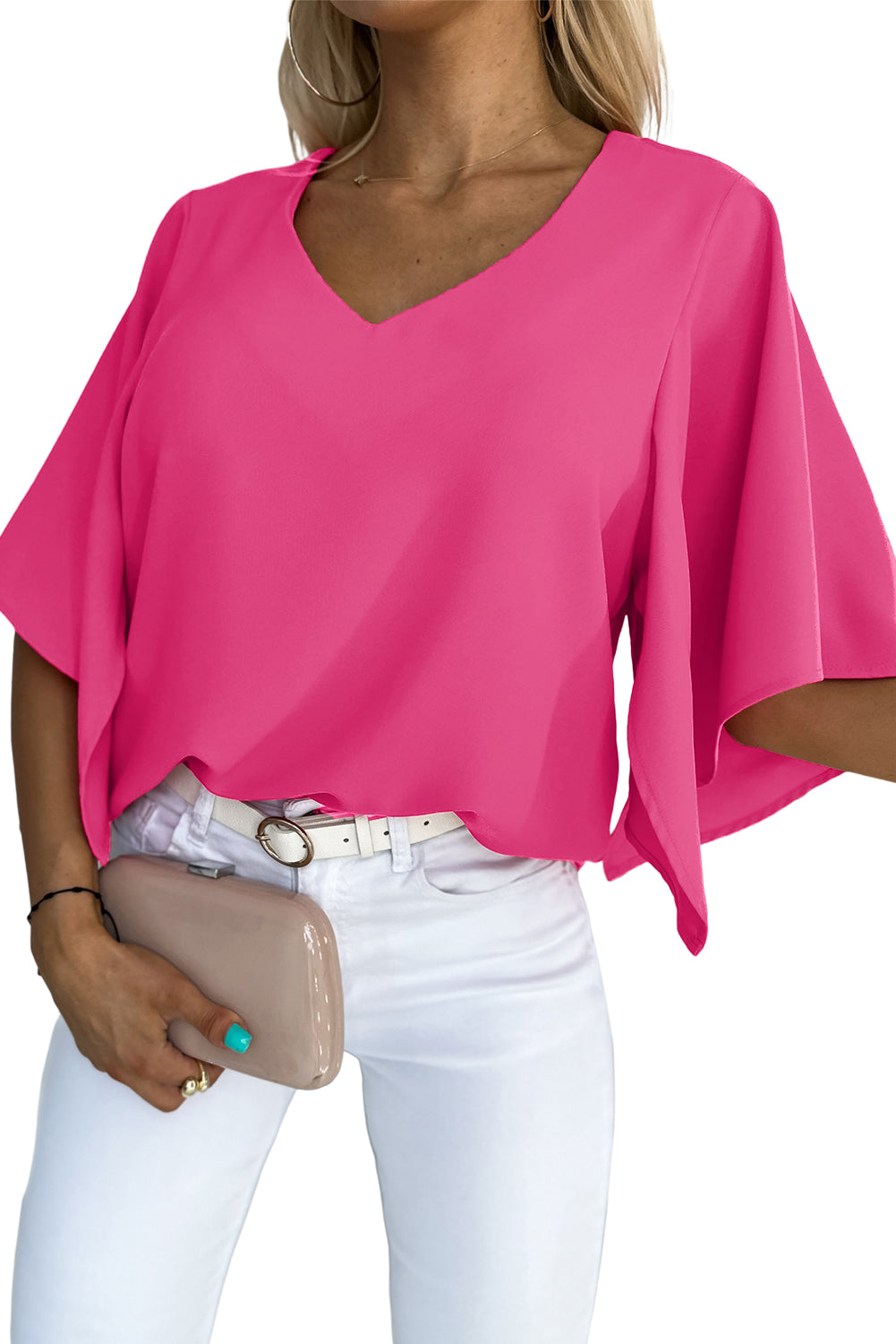 Flounce Flutter Sleeve V Neck Blouse