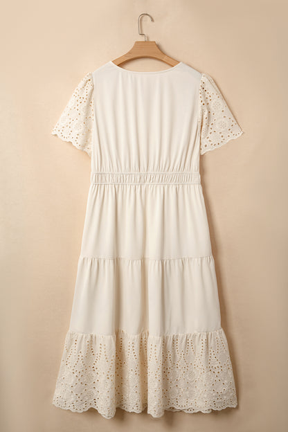 Plus Size Embroidered Eyelet Patchwork V-Neck Maxi Dress