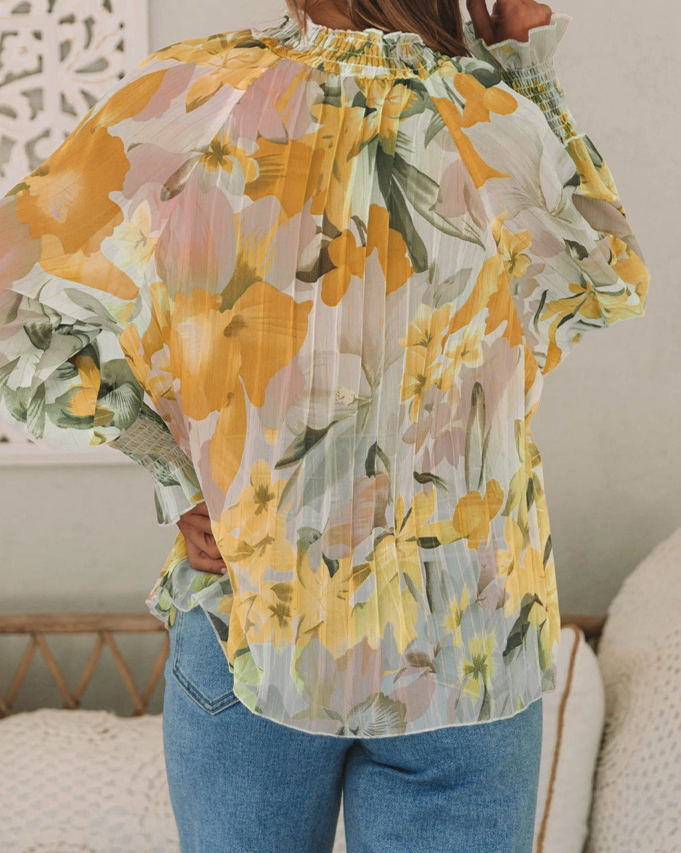 Floral Pleated Mock Neck Blouse