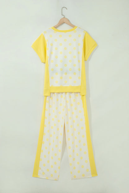 Polka Dot Colorblock Patchwork Top and Wide Leg Pants Set