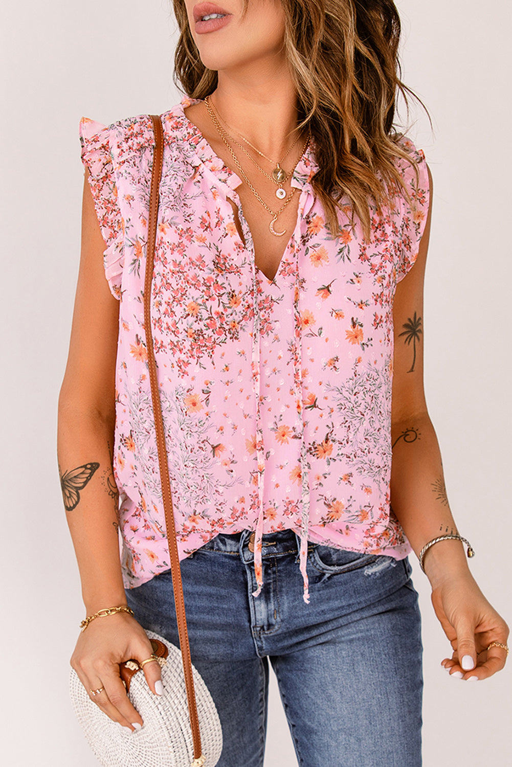 Floral Frilled V-Neck Sleeveless Top