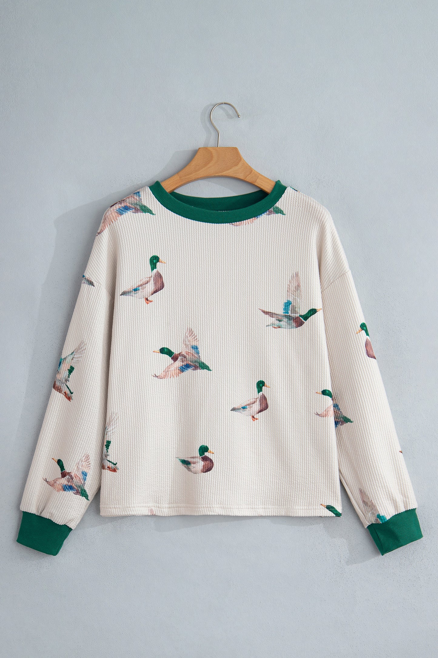 Mallard Duck Corded Knit Crew Neck Pullover Top
