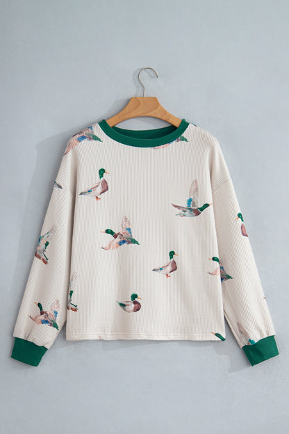 Mallard Duck Corded Knit Crew Neck Pullover Top