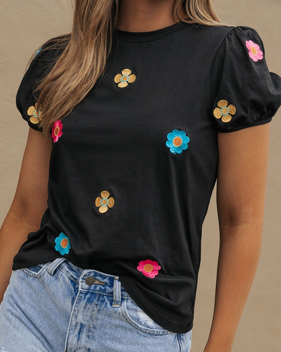 Floral Embroidered Puff Sleeve Tee