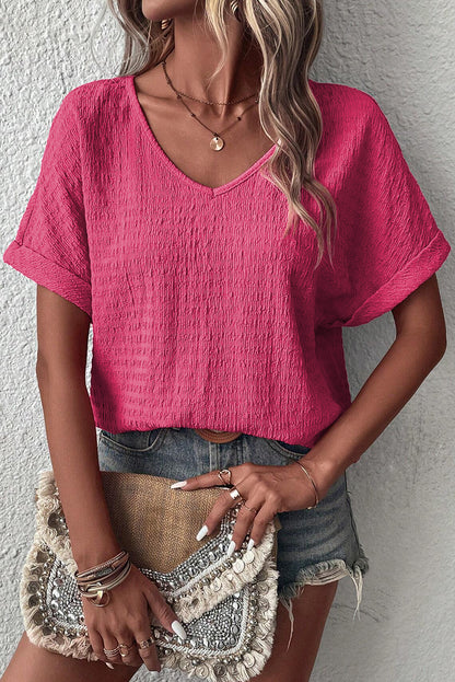 Rolled Short Sleeve V-Neck Blouse