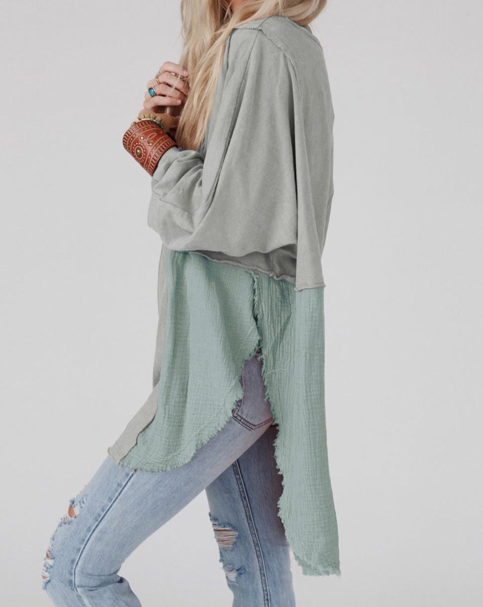 Crinkle Patchwork Raw Edge Blouse