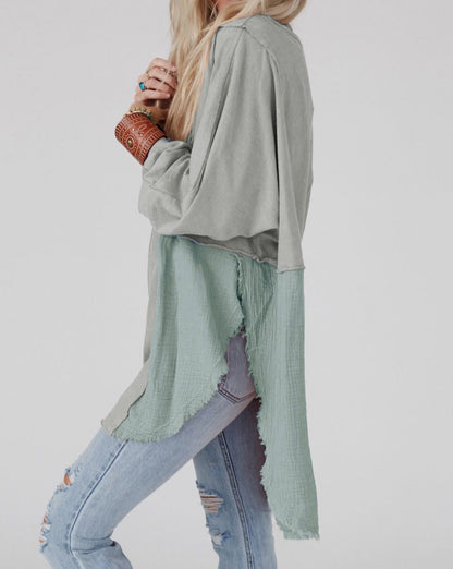 Crinkle Patchwork Raw Edge Blouse