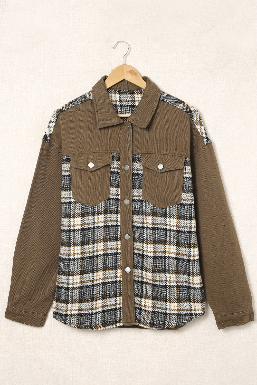 Plaid Patchwork Pockets Denim Jacket