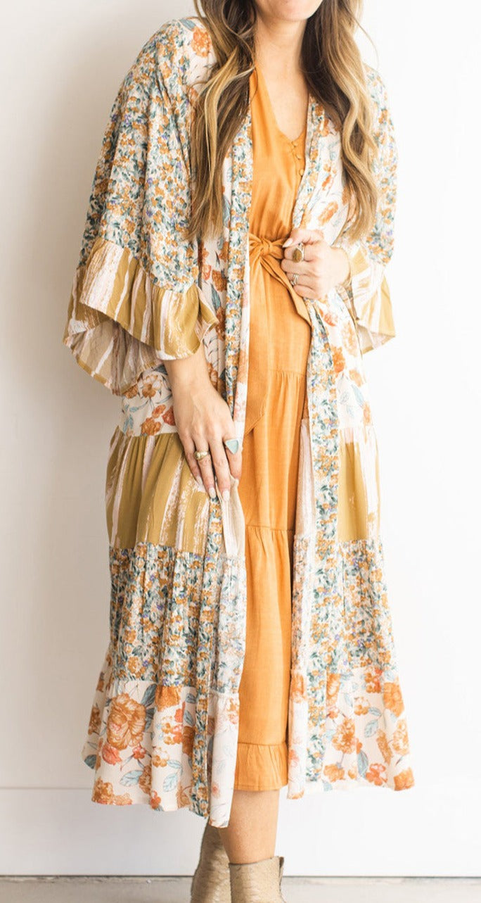 Multicolor Floral Tiered Kimono