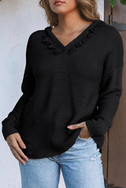 Solid Ribbed Drop Shoulder Hooded V-Neck Sweater