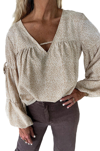 Dotted Bubble Sleeve V-Neck Blouse