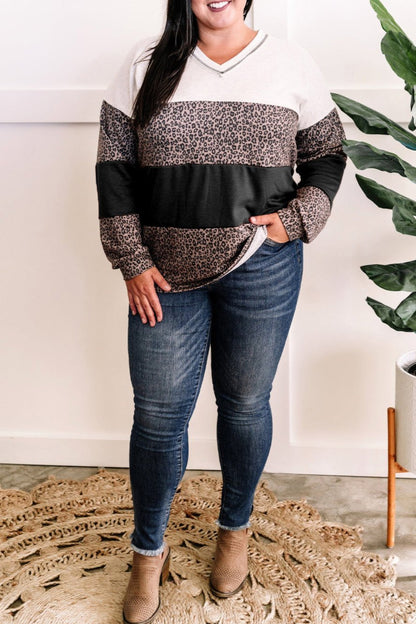 Plus Size Leopard Colorblock Long Sleeve Top