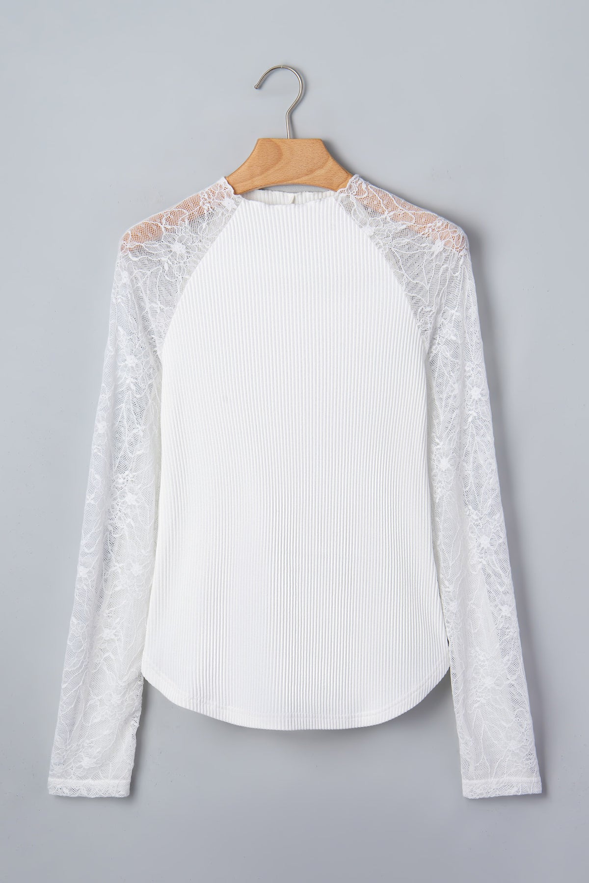 Solid Sheer Lace Long Sleeve Ribbed Knit Top